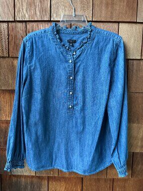 Talbots Blue Denim Ruffle Neck Long Sleeve Top in Women's X-Large Petite